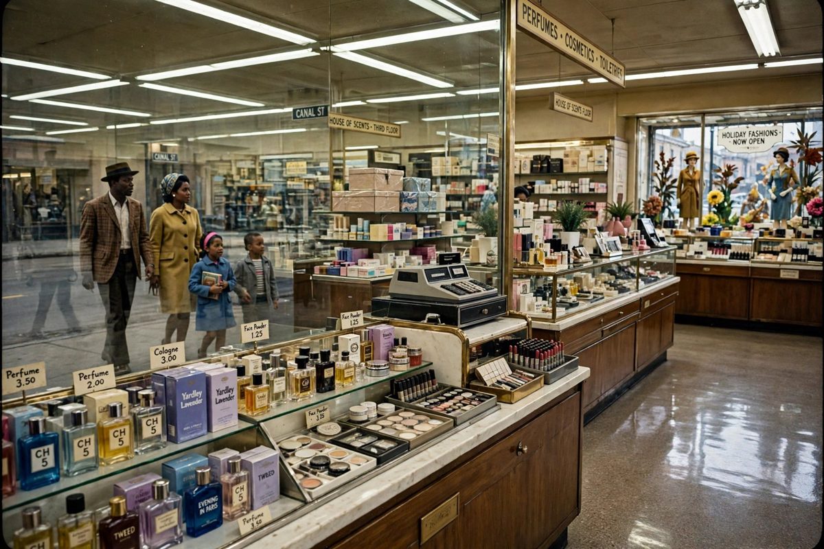 A 1960s department store perfume counter with a Black family walking past the glass