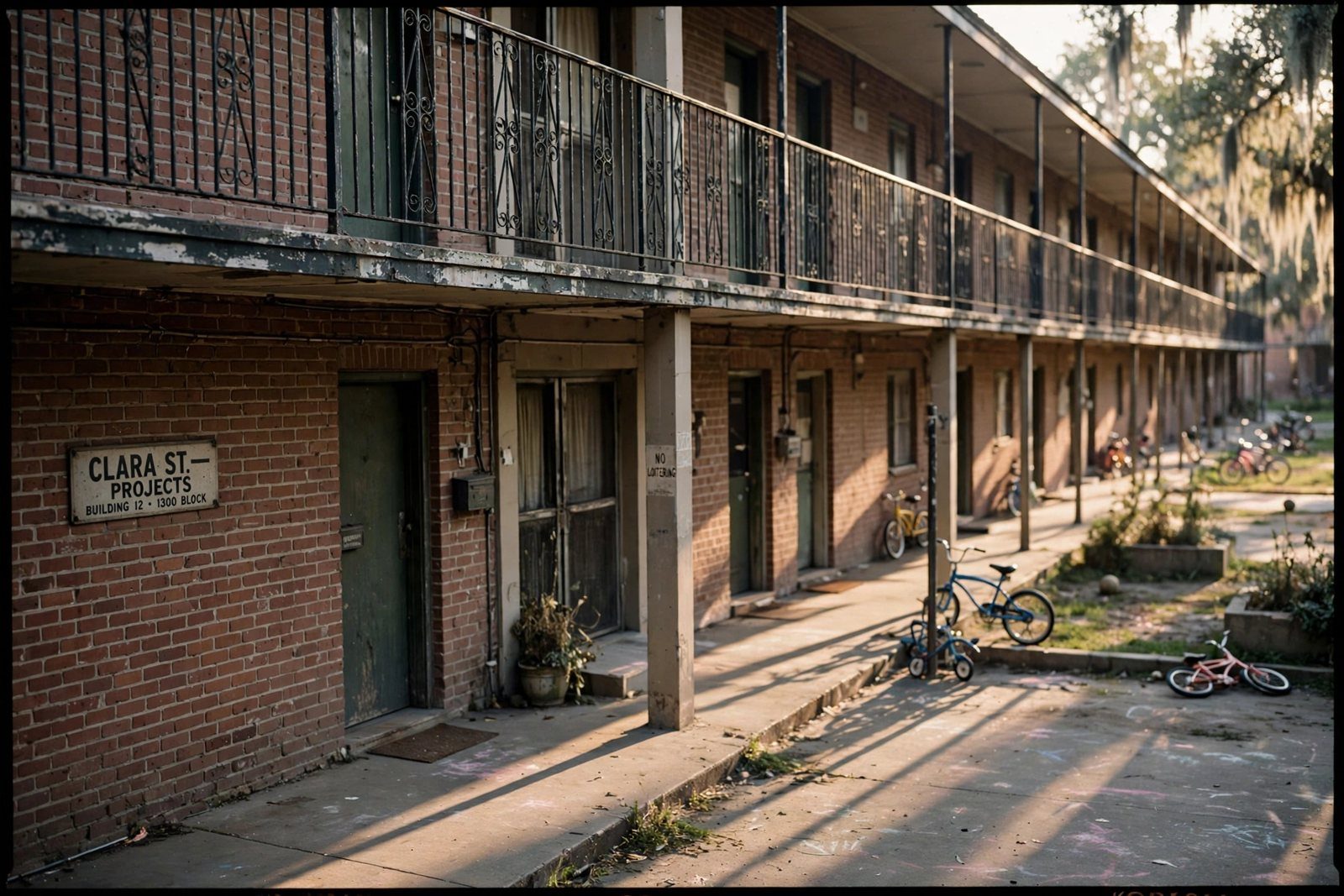 Two-story brick housing project with iron gallery railings in late afternoon light, children's bicycles in the courtyard