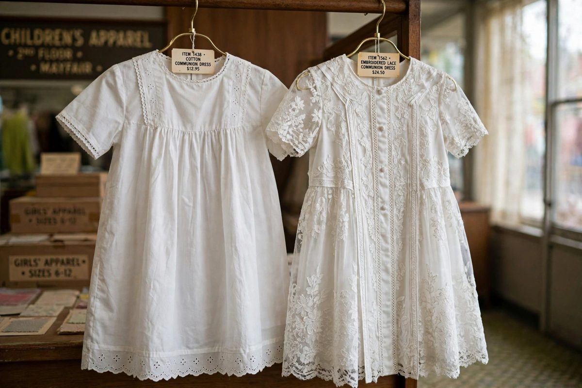 Two white First Communion dresses on brass hangers, a plain cotton one and an embroidered lace one
