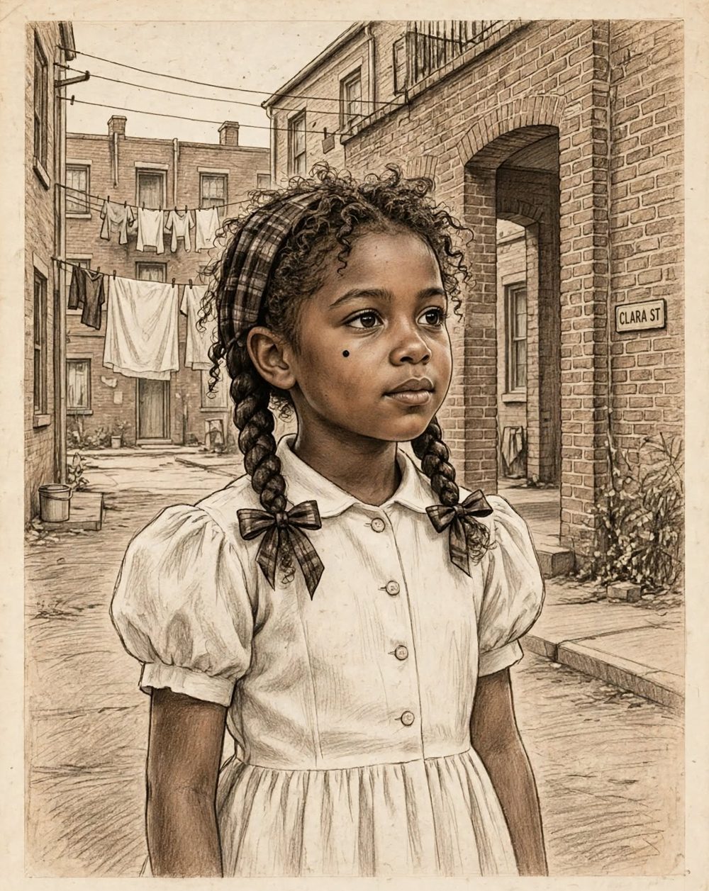 Sepia pencil sketch of Gloria at ten, curly hair in braids tied with plaid ribbons, a beauty mark on her cheek, standing in a brick courtyard with laundry lines and a Clara St sign