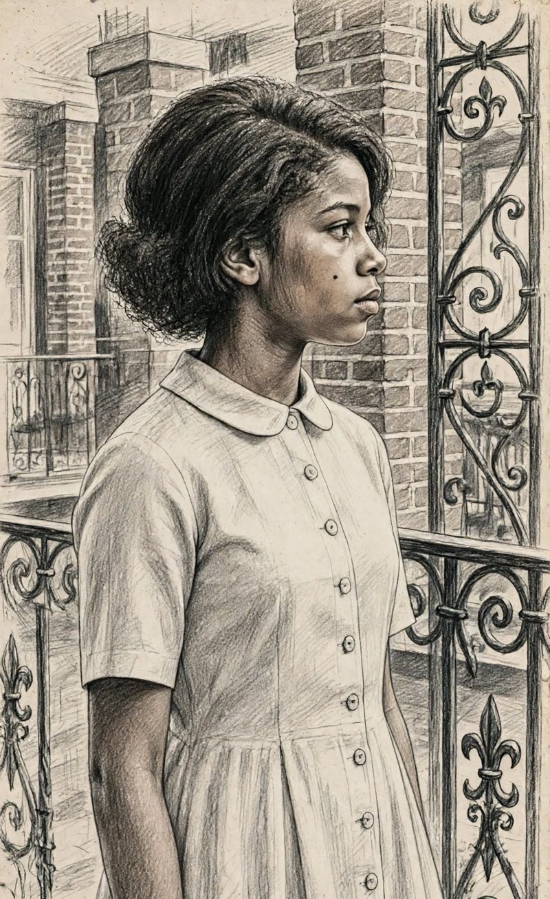 Pencil sketch of Gloria at fourteen in three-quarter profile, in a buttoned dress beside an iron gallery railing